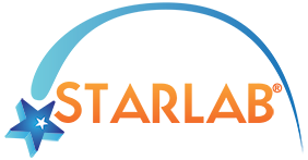 A blue and orange logo with a star in the middle.